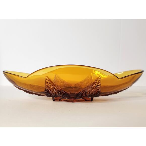 Vintage Amber Pressed Glass Oval Serving Dish Retro Textured Leaf Pattern Bowl - Picture 2 of 7